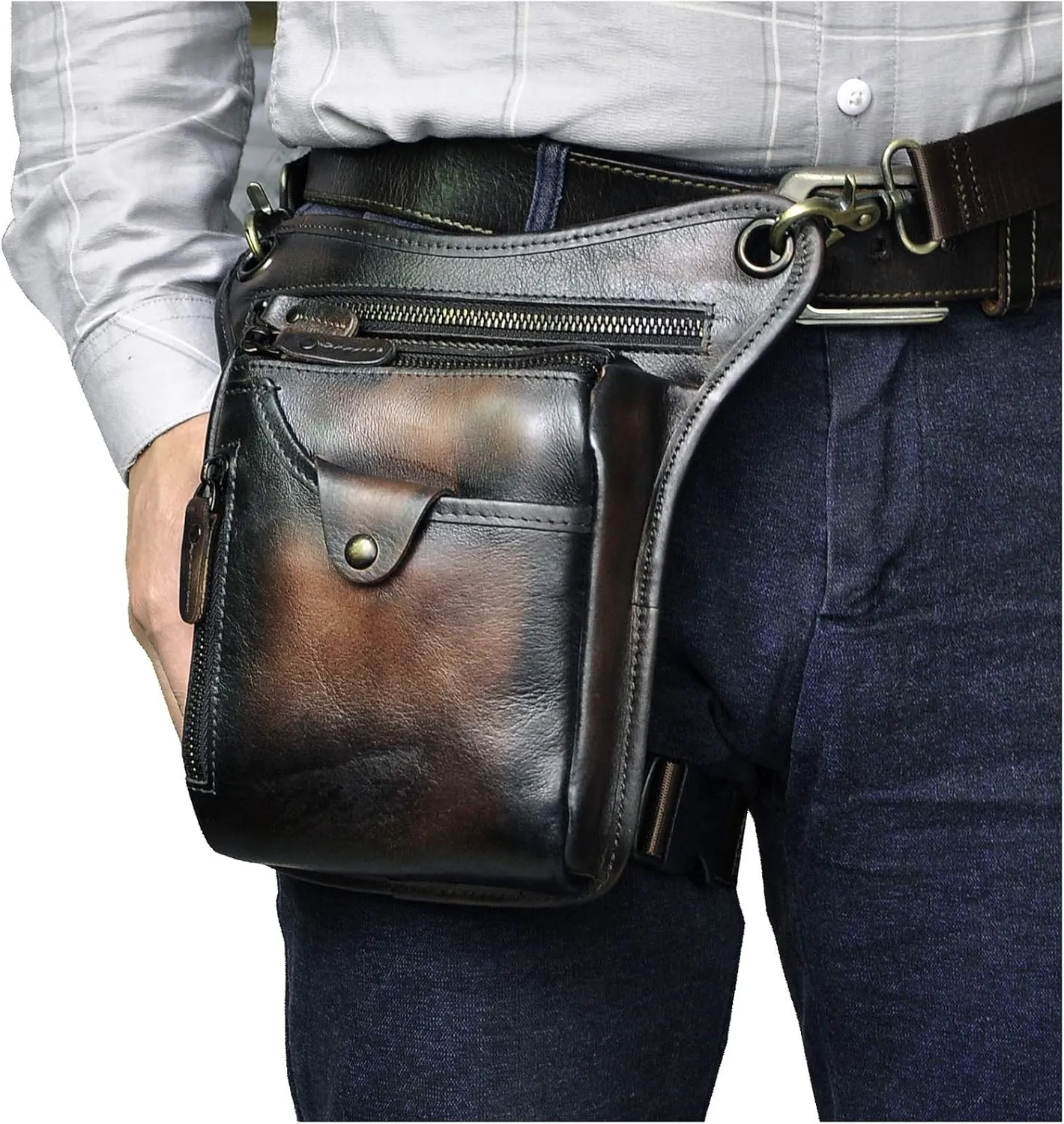 Le'aokuu Mens Genuine Leather Outdoor Sporting Hicking Waist Hip Pack Messenger Shoulder Drop Leg Thigh Bag Pouches For Women (211-5 Coffee)