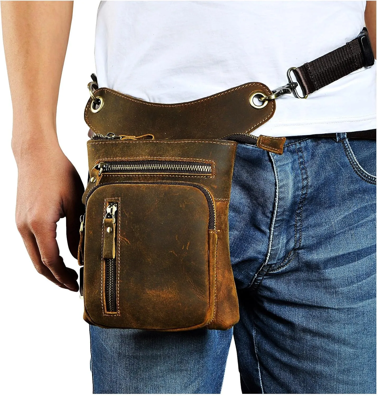 Le'aokuu Mens Genuine Leather Outdoor Sporting Hicking Waist Hip Pack Messenger Shoulder Drop Leg Thigh Bag Pouches For Women G1011 (G1011 0 Brown)