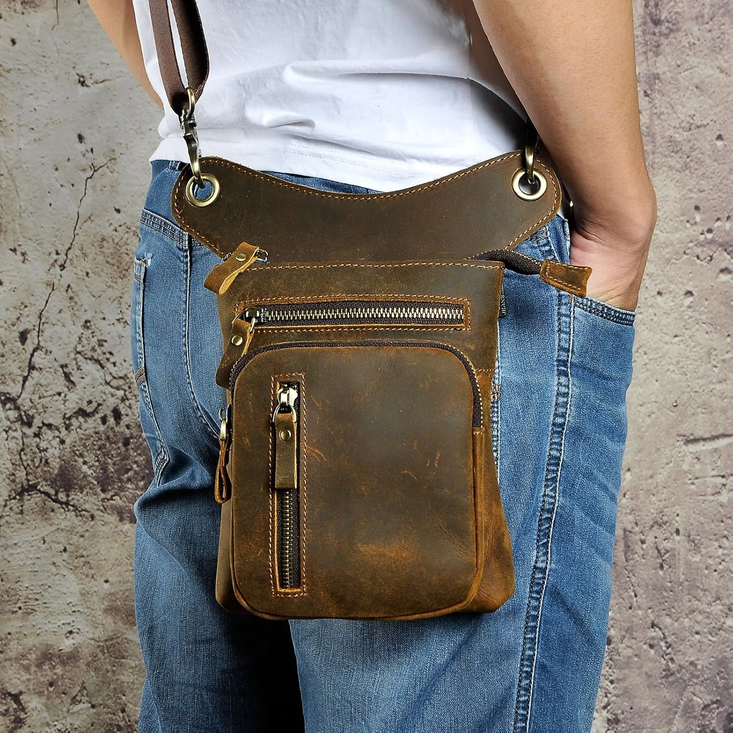 Le'aokuu Mens Genuine Leather Outdoor Sporting Hicking Waist Hip Pack Messenger Shoulder Drop Leg Thigh Bag Pouches For Women G1011 (G1011 0 Brown)