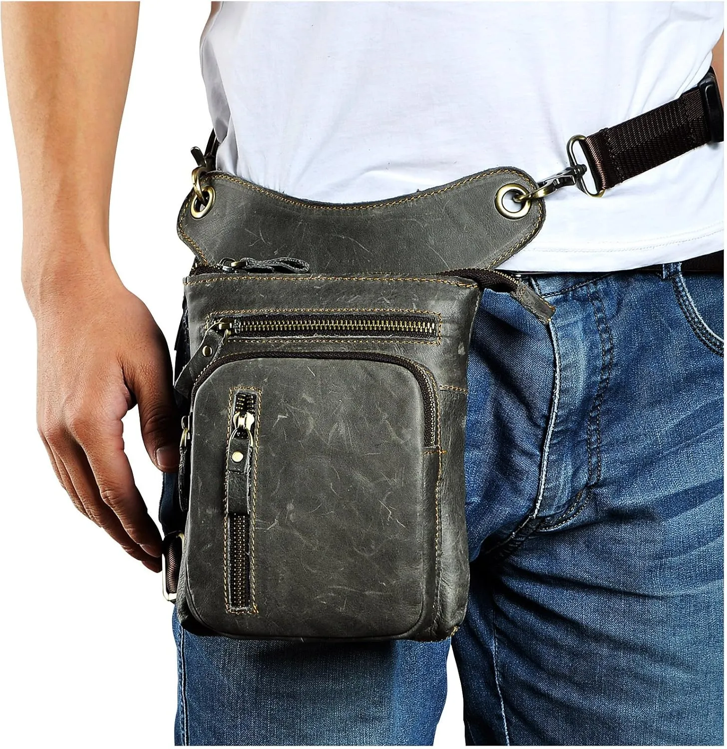 Le'aokuu Mens Genuine Leather Outdoor Sporting Hicking Waist Hip Pack Messenger Shoulder Drop Leg Thigh Bag Pouches For Women G1011 (G1011 Grey)