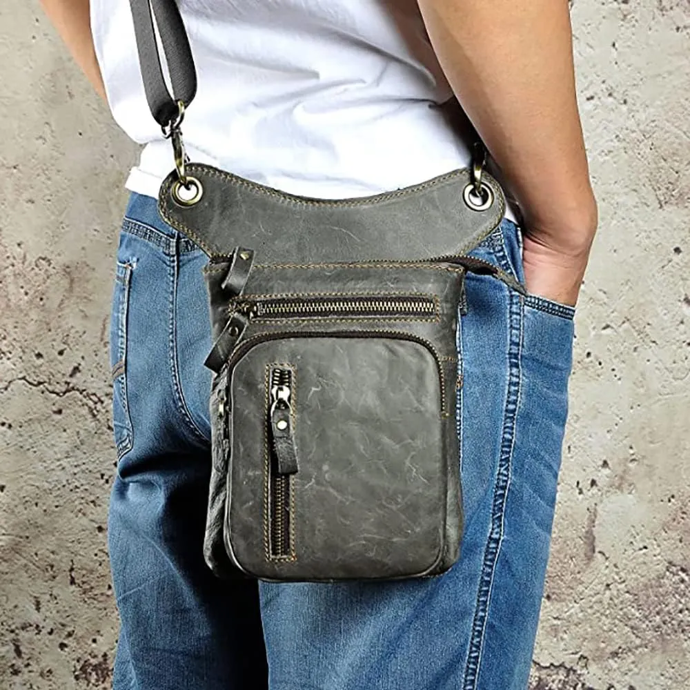 Le'aokuu Mens Genuine Leather Outdoor Sporting Hicking Waist Hip Pack Messenger Shoulder Drop Leg Thigh Bag Pouches For Women G1011 (G1011 Grey)