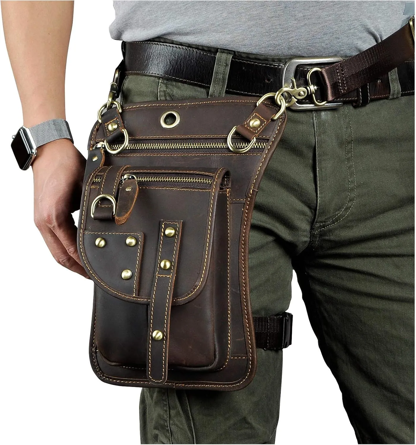 Le'aokuu Mens Genuine Leather Outdoor Sporting Hicking Waist Hip Pack Sling Messenger Shoulder Drop Leg Thigh Bag Pouches For Women (2141 0 Dark Brown)