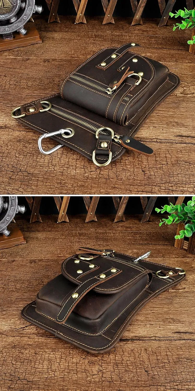 Le'aokuu Mens Genuine Leather Outdoor Sporting Hicking Waist Hip Pack Sling Messenger Shoulder Drop Leg Thigh Bag Pouches For Women (2141 0 Dark Brown)