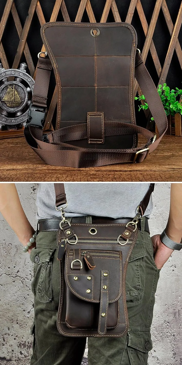 Le'aokuu Mens Genuine Leather Outdoor Sporting Hicking Waist Hip Pack Sling Messenger Shoulder Drop Leg Thigh Bag Pouches For Women (2141 0 Dark Brown)