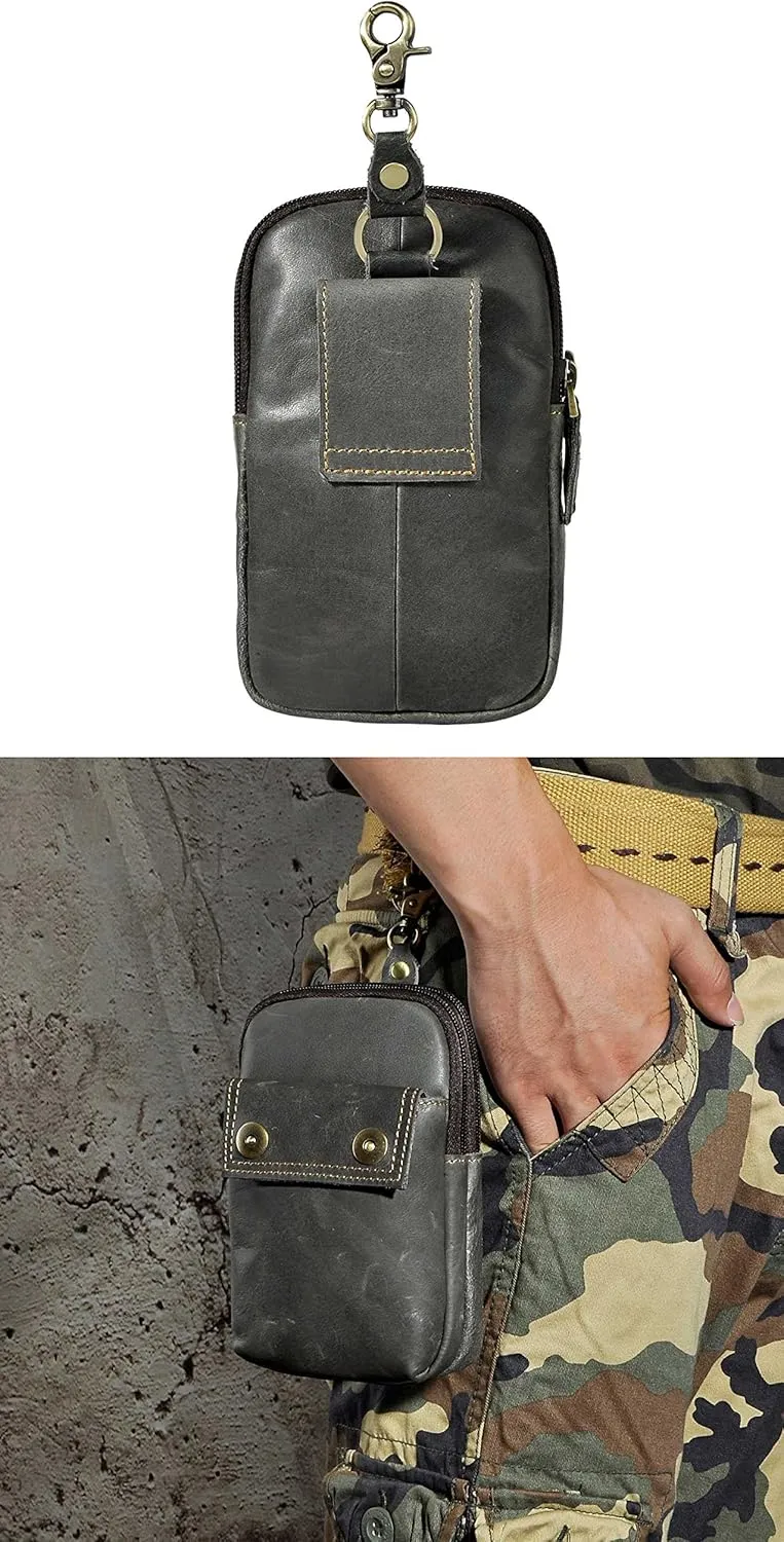 Le'aokuu Mens Genuine Leather Small Hook Fanny Waist Bag Hip Bum Pouch Pack (The 009 grey 2)