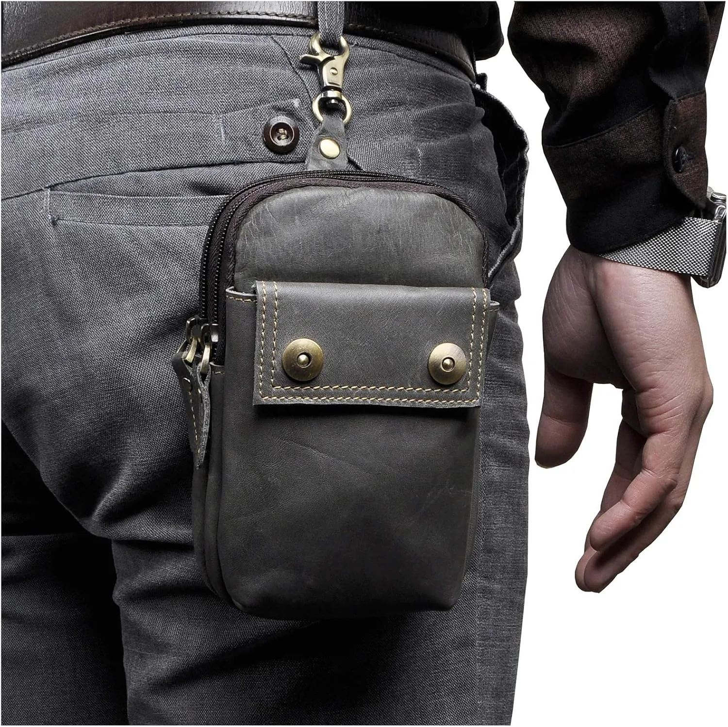 Le'aokuu Mens Genuine Leather Small Hook Fanny Waist Bag Hip Bum Pouch Pack (The 009 grey 2)