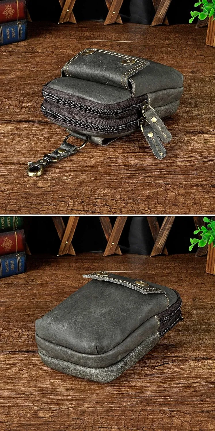 Le'aokuu Mens Genuine Leather Small Hook Fanny Waist Bag Hip Bum Pouch Pack (The 009 grey 2)