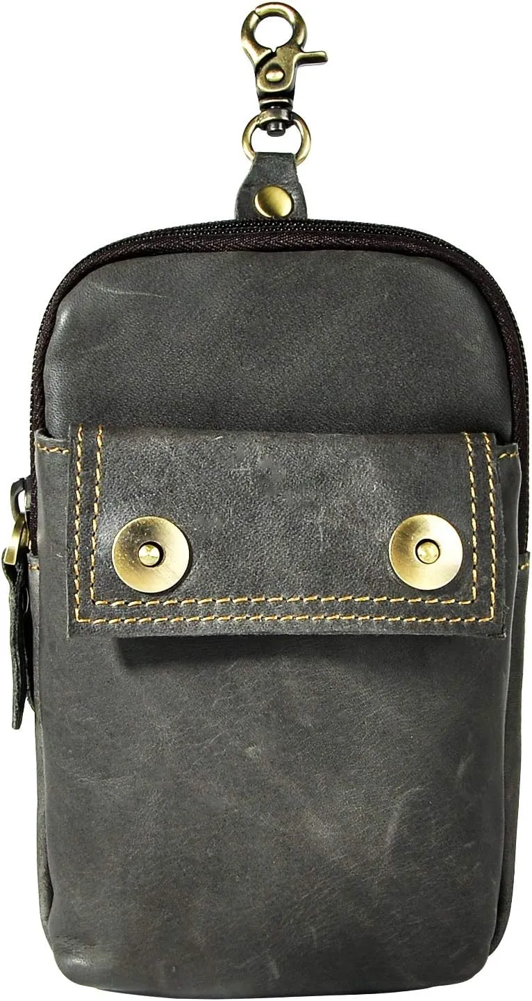 Le'aokuu Mens Genuine Leather Small Hook Fanny Waist Bag Hip Bum Pouch Pack (The 009 grey 2)