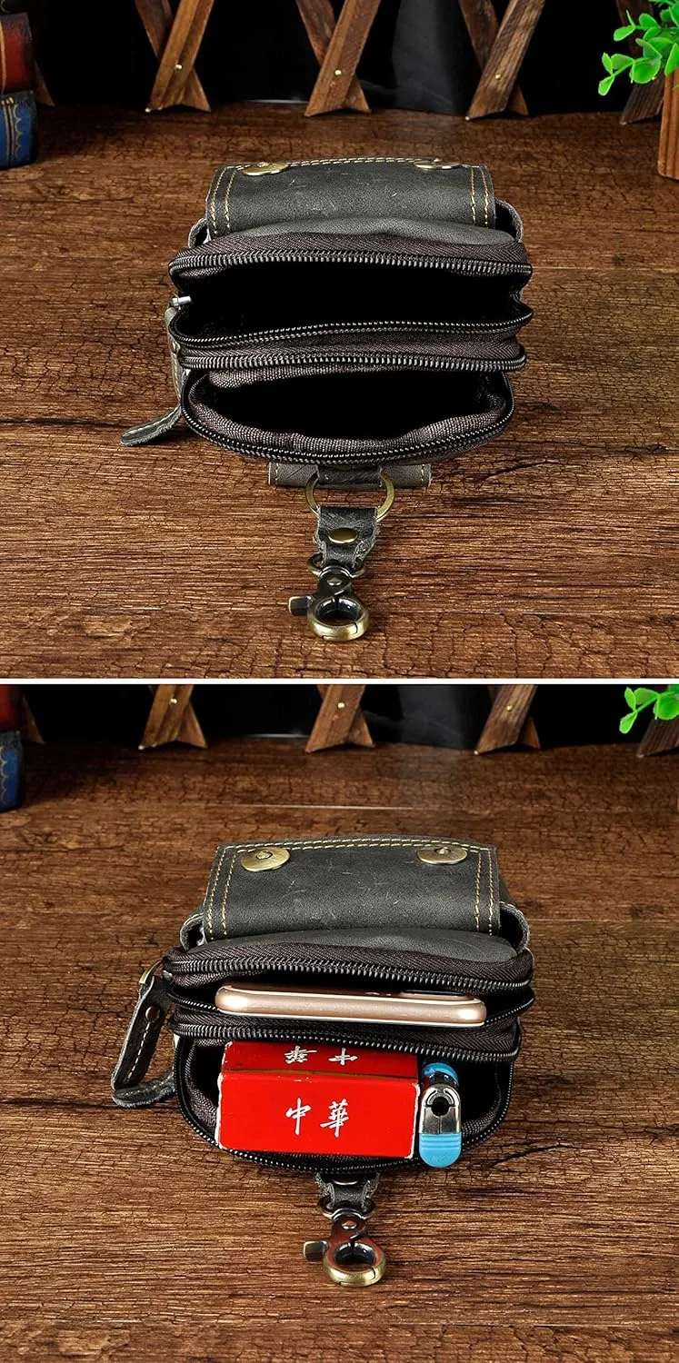 Le'aokuu Mens Genuine Leather Small Hook Fanny Waist Bag Hip Bum Pouch Pack (The 009 grey 2)