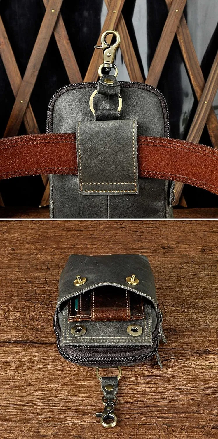 Le'aokuu Mens Genuine Leather Small Hook Fanny Waist Bag Hip Bum Pouch Pack (The 009 grey 2)