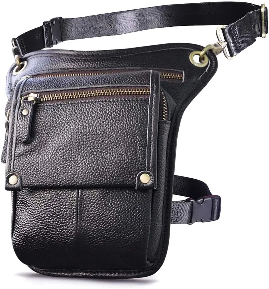 Le'aokuu Mens Womens Leather Tactical Motorcycle Outdoor Travel Waist Pack Drop Leg Thigh Hip Bum Bag With Strap 211-4