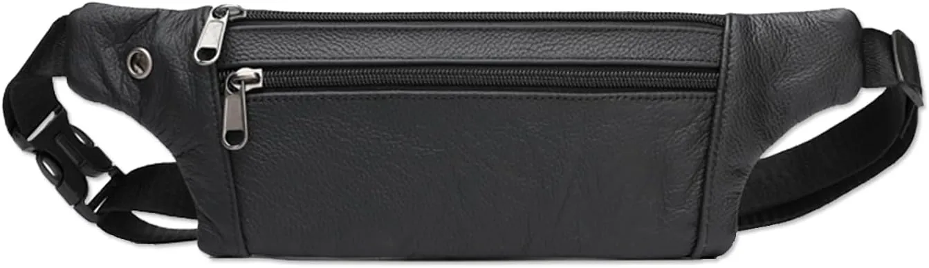 Leather Belt Bag,Black Belt Bag Mens Fanny Pack Crossbody 3-Zipper Pockets Phone Bag Fits All Phones Wallet Keys, Casual Hands-Free Waist Pack For Travel Workout Running Gifts