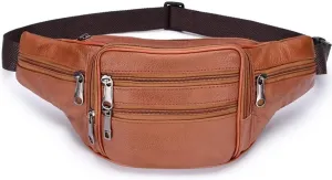Leather Fanny Pack For Men Women Plus Size Waist Bag Large Waterproof Belt Bag For Outdoor Travel Hiking, Light Brown