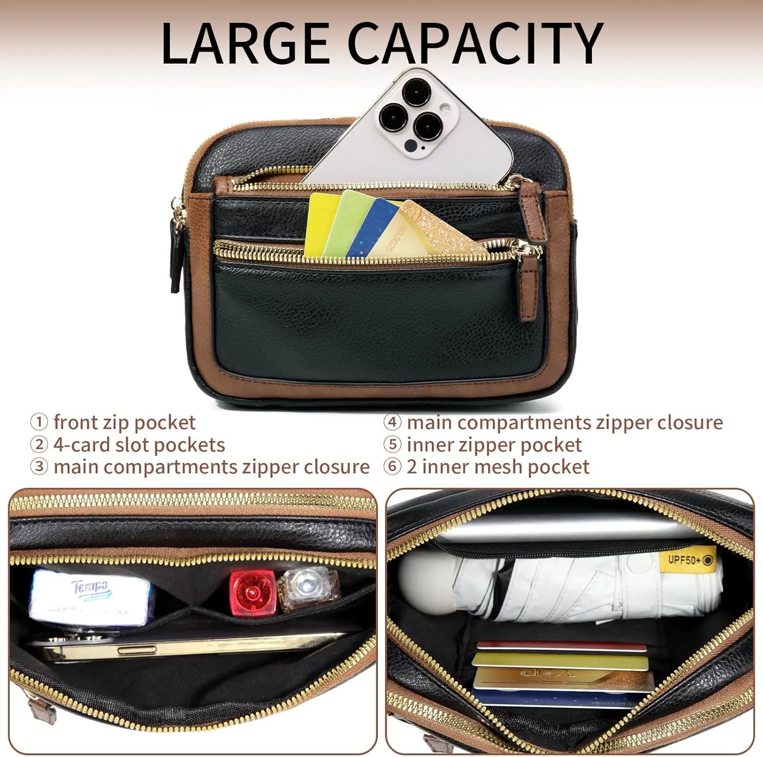Leather Fanny Pack for Women Men Belt Bag with Multi-function Pocket, Crossbody Fanny Packs for Women Fashion Waist Packs with Adjustable Straps Cross Body Bag Travel Chest Bag