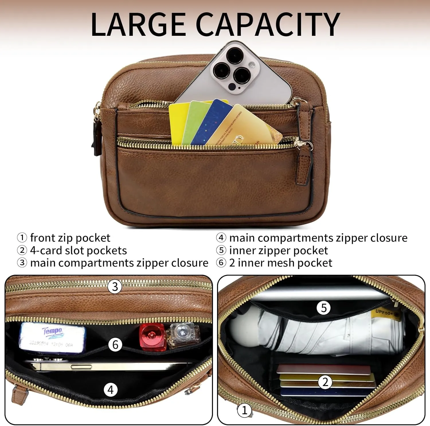 Leather Fanny Pack for Women Men Belt Bag with Multi-function Pocket, Crossbody Fanny Packs for Women Fashion Waist Packs with Adjustable Straps Cross Body Bag Travel Chest Bag