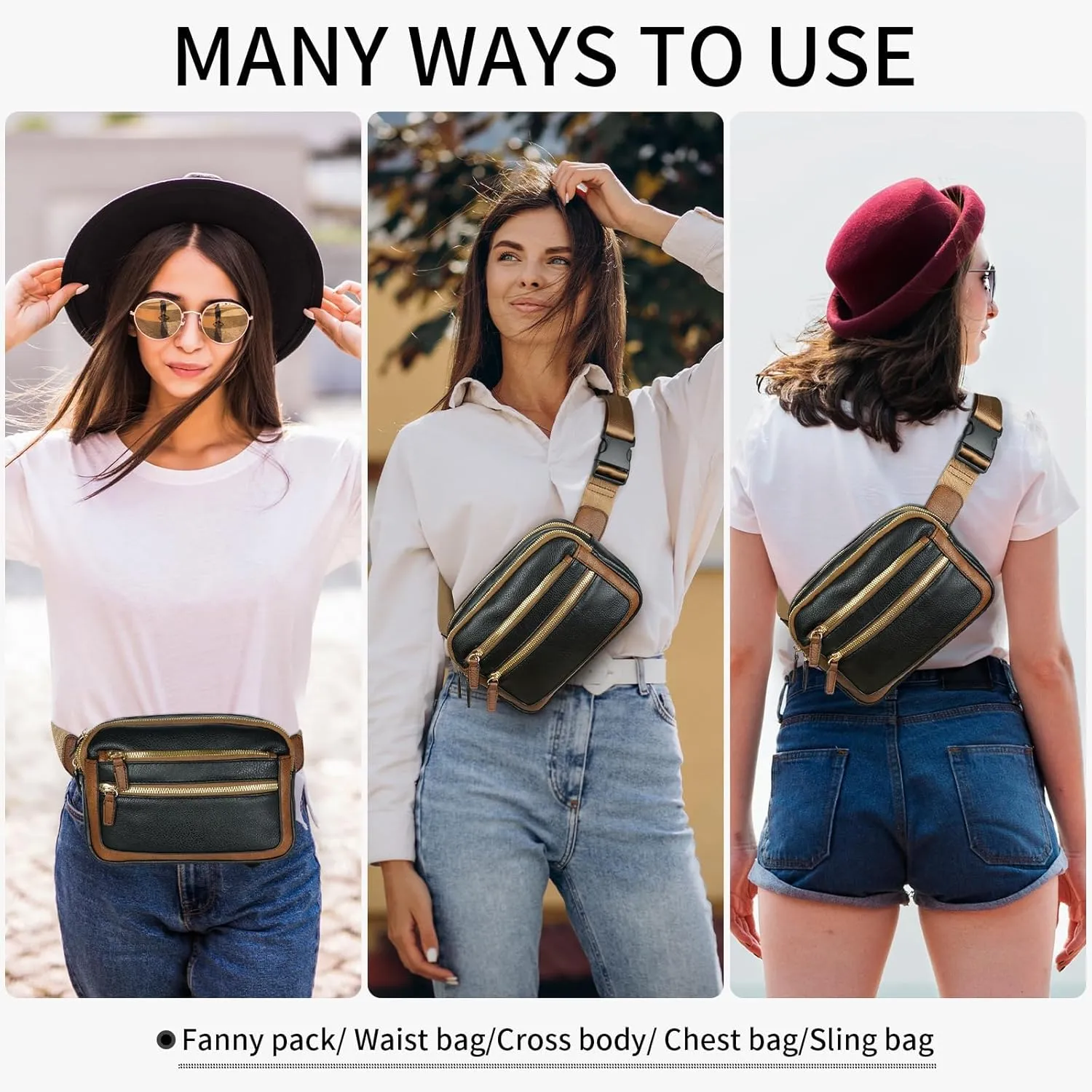 Leather Fanny Pack for Women Men Belt Bag with Multi-function Pocket, Crossbody Fanny Packs for Women Fashion Waist Packs with Adjustable Straps Cross Body Bag Travel Chest Bag
