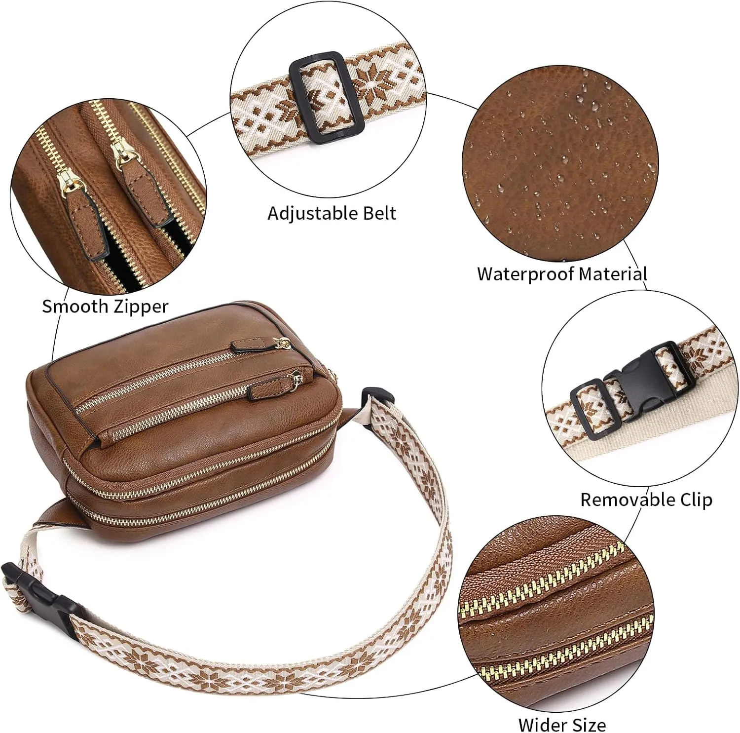 Leather Fanny Pack for Women Men Belt Bag with Multi-function Pocket, Crossbody Fanny Packs for Women Fashion Waist Packs with Adjustable Straps Cross Body Bag Travel Chest Bag