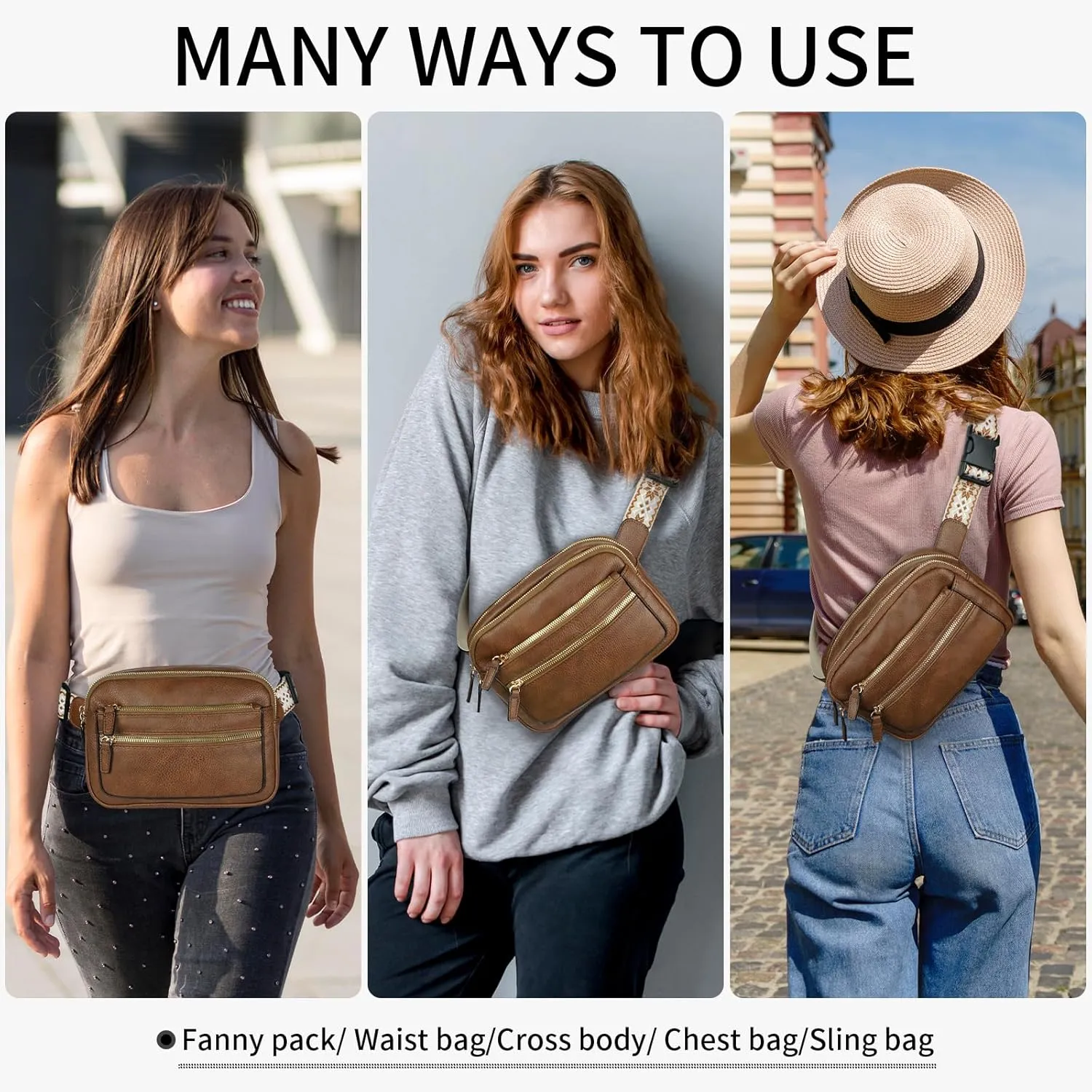 Leather Fanny Pack for Women Men Belt Bag with Multi-function Pocket, Crossbody Fanny Packs for Women Fashion Waist Packs with Adjustable Straps Cross Body Bag Travel Chest Bag