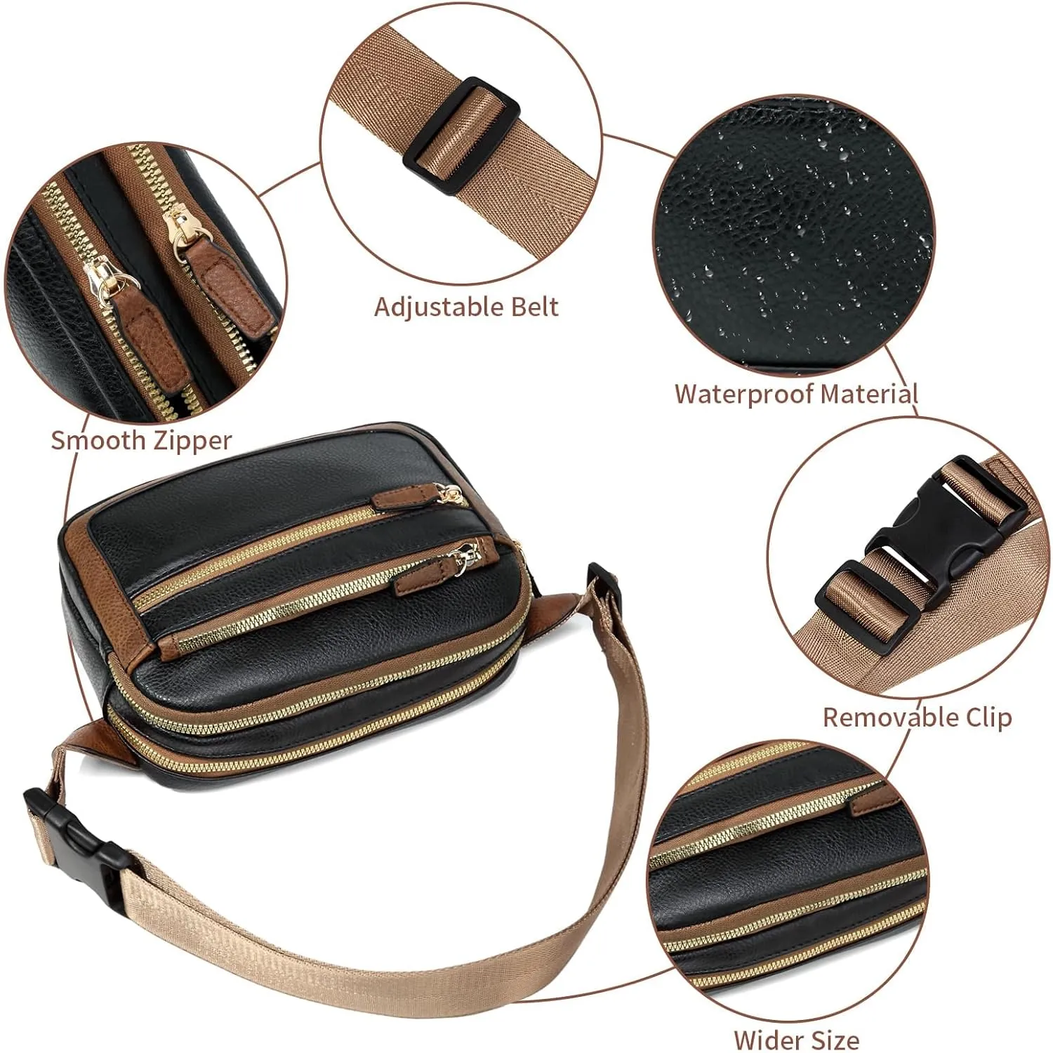 Leather Fanny Pack for Women Men Belt Bag with Multi-function Pocket, Crossbody Fanny Packs for Women Fashion Waist Packs with Adjustable Straps Cross Body Bag Travel Chest Bag