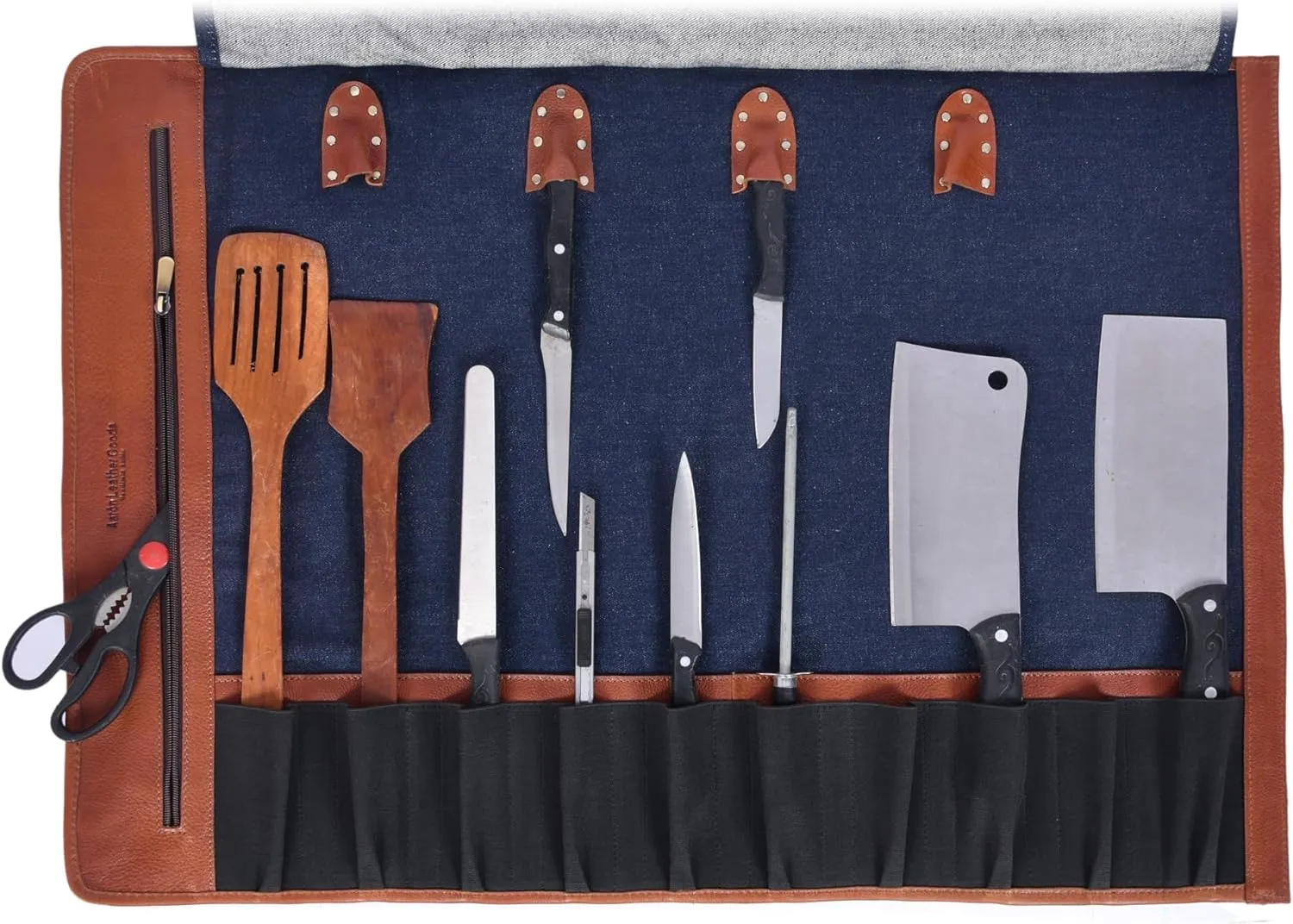 Leather Knife Roll Storage Bag, Elastic and Expandable 10 Pockets, Adjustable/Detachable Shoulder Strap, Travel-Friendly Chef Knife Case