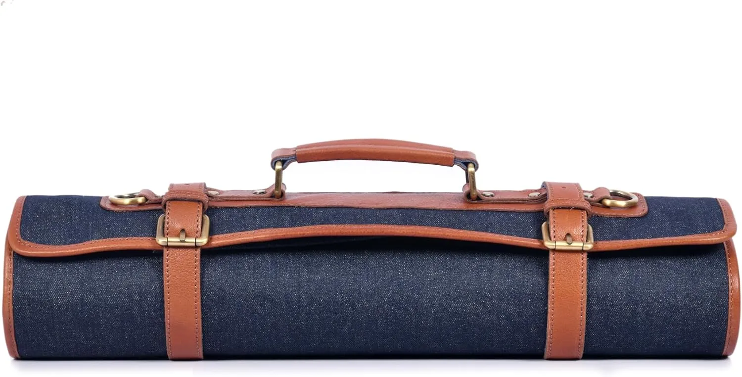 Leather Knife Roll Storage Bag, Elastic and Expandable 10 Pockets, Adjustable/Detachable Shoulder Strap, Travel-Friendly Chef Knife Case