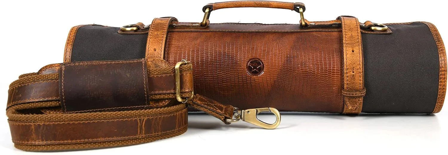 Leather Knife Roll Storage Bag, Elastic and Expandable 10 Pockets, Adjustable/Detachable Shoulder Strap, Travel-Friendly Chef Knife Case