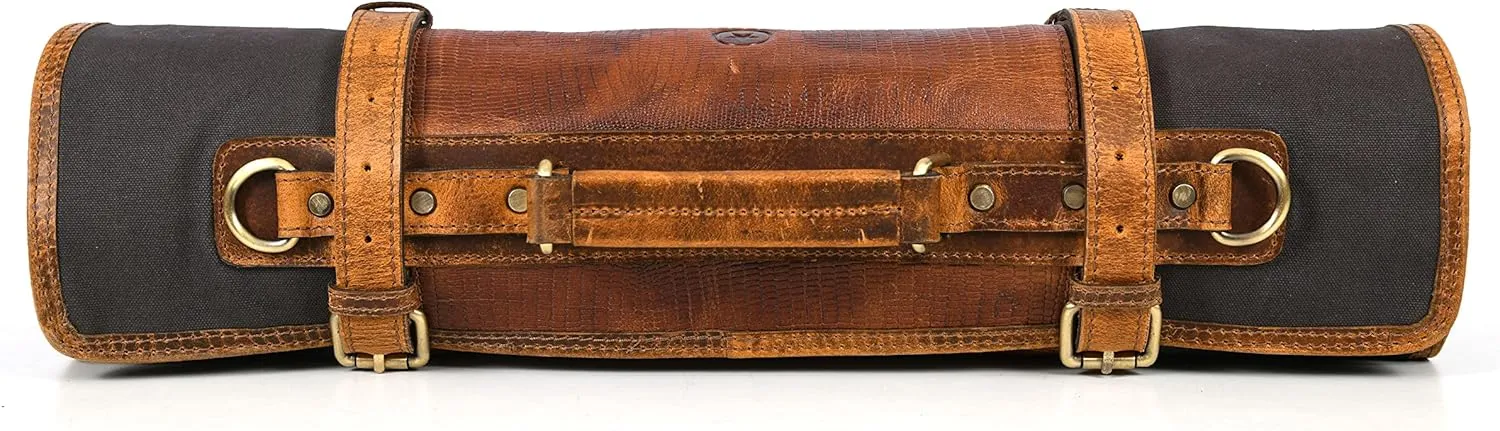 Leather Knife Roll Storage Bag, Elastic and Expandable 10 Pockets, Adjustable/Detachable Shoulder Strap, Travel-Friendly Chef Knife Case