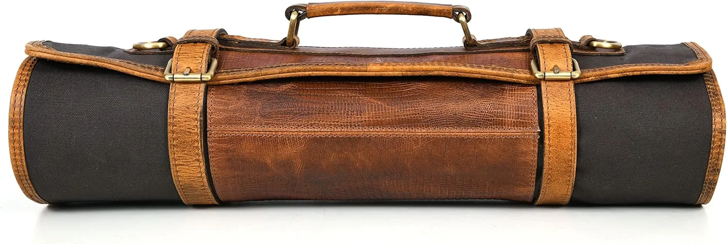 Leather Knife Roll Storage Bag, Elastic and Expandable 10 Pockets, Adjustable/Detachable Shoulder Strap, Travel-Friendly Chef Knife Case