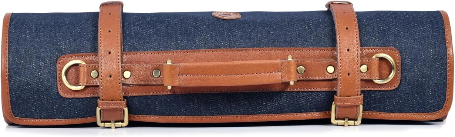 Leather Knife Roll Storage Bag, Elastic and Expandable 10 Pockets, Adjustable/Detachable Shoulder Strap, Travel-Friendly Chef Knife Case