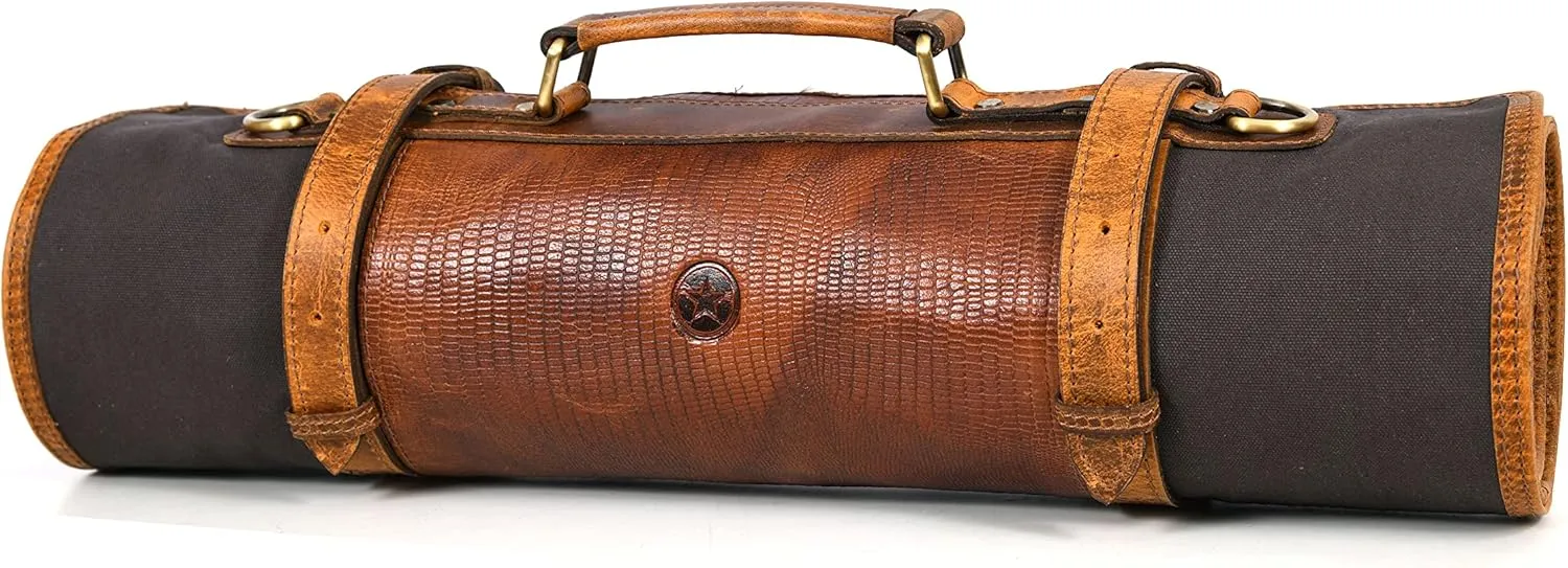 Leather Knife Roll Storage Bag, Elastic and Expandable 10 Pockets, Adjustable/Detachable Shoulder Strap, Travel-Friendly Chef Knife Case