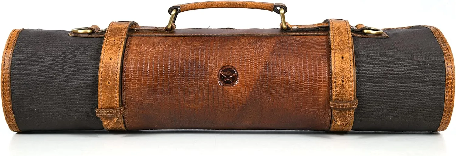 Leather Knife Roll Storage Bag, Elastic and Expandable 10 Pockets, Adjustable/Detachable Shoulder Strap, Travel-Friendly Chef Knife Case