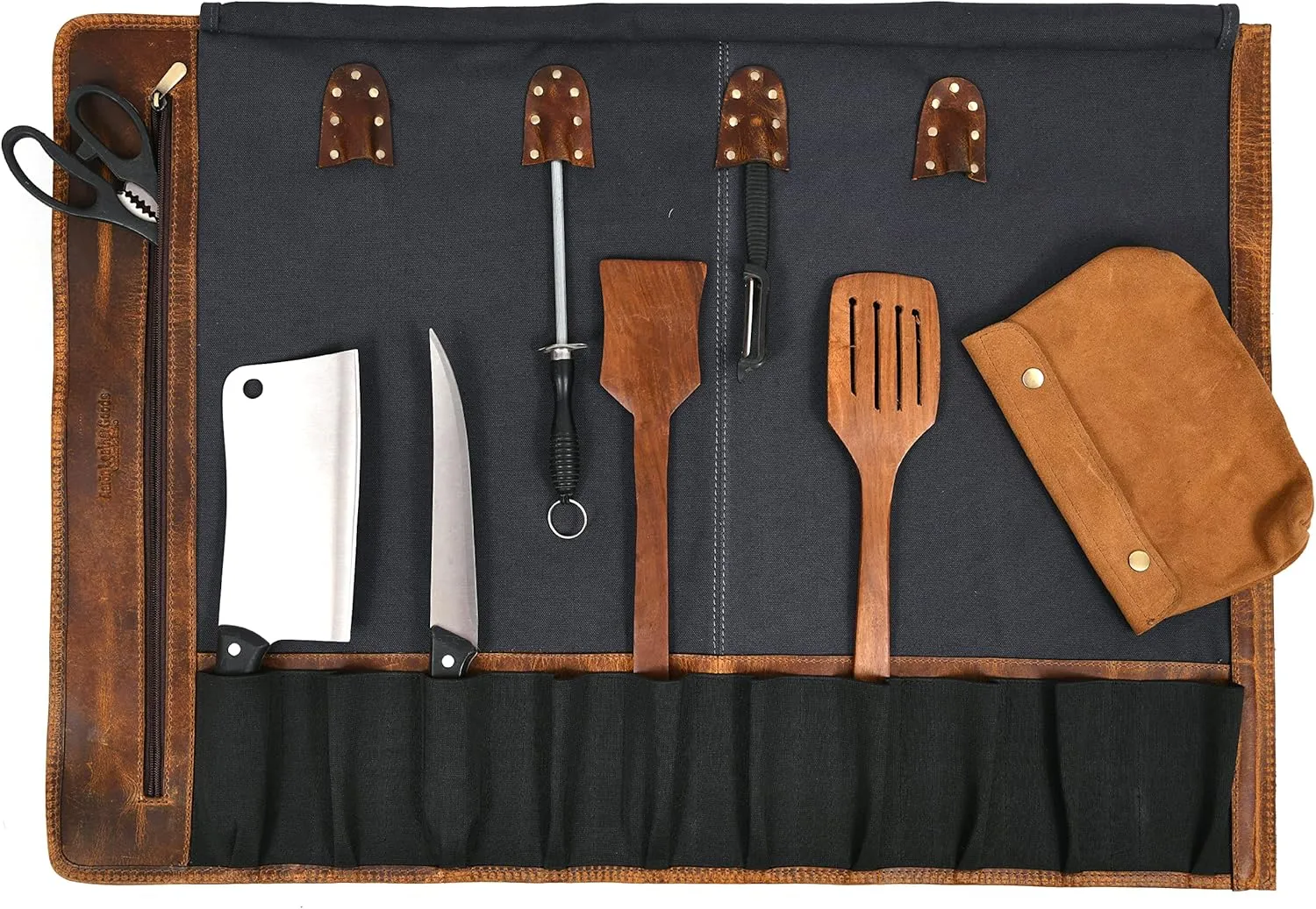 Leather Knife Roll Storage Bag, Elastic and Expandable 10 Pockets, Adjustable/Detachable Shoulder Strap, Travel-Friendly Chef Knife Case