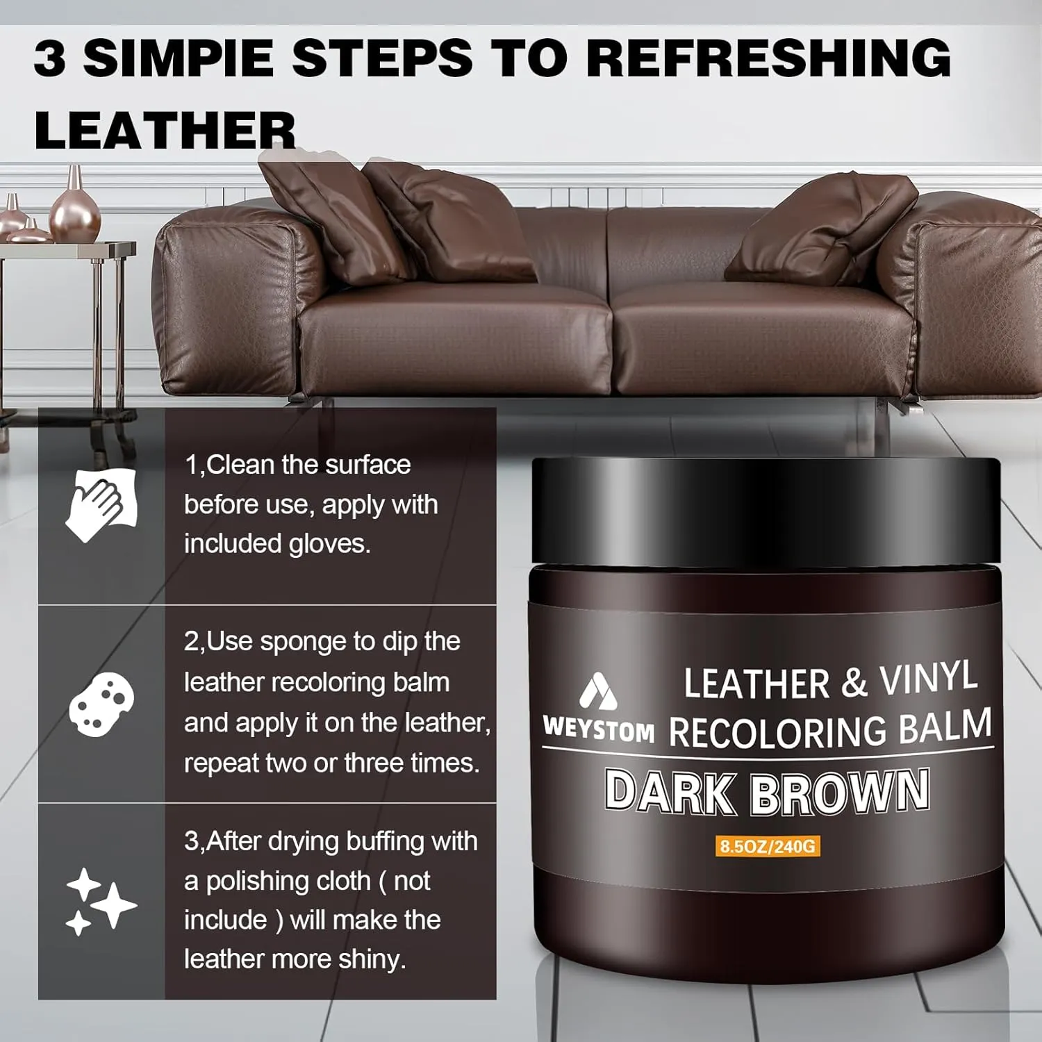 Leather Recoloring Balm - Leather Repair Kit for Furniture, Leather Dye, Recolor, Renew, Repair & Restore Aged, Faded, Cracked, Peeling and Scuffed Leather (Dark Brown)