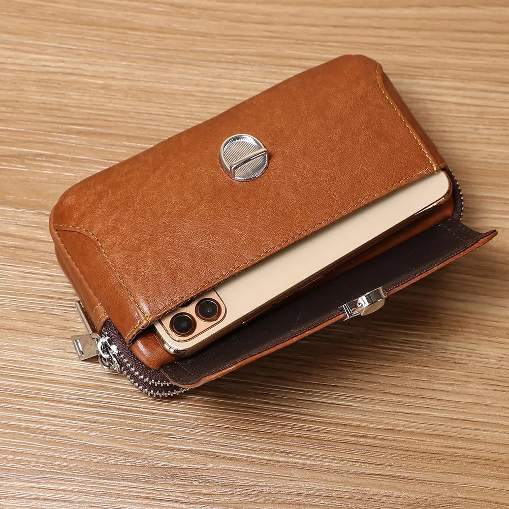 Leather Waist Belt Bag for Men Classic Side Fanny Pack Hip Bum Purse Smartphone Pouch for Travel Casual Formal Model 1-Horizontal Brown