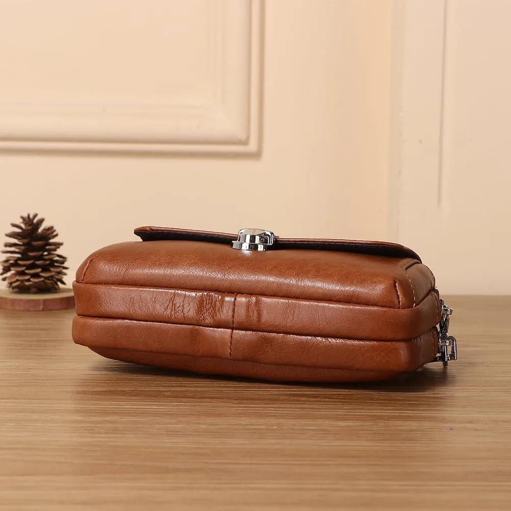 Leather Waist Belt Bag for Men Classic Side Fanny Pack Hip Bum Purse Smartphone Pouch for Travel Casual Formal Model 1-Horizontal Brown