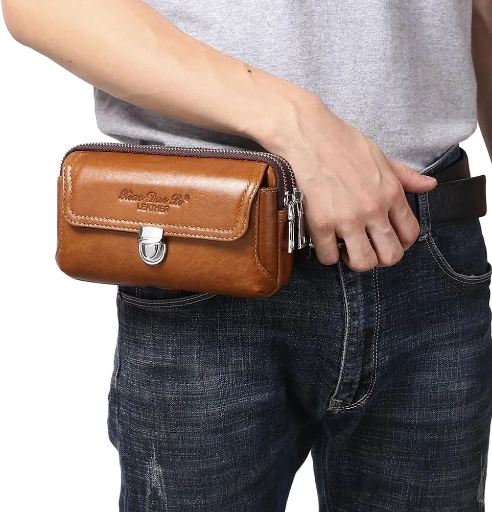 Leather Waist Belt Bag for Men Classic Side Fanny Pack Hip Bum Purse Smartphone Pouch for Travel Casual Formal Model 1-Horizontal Brown