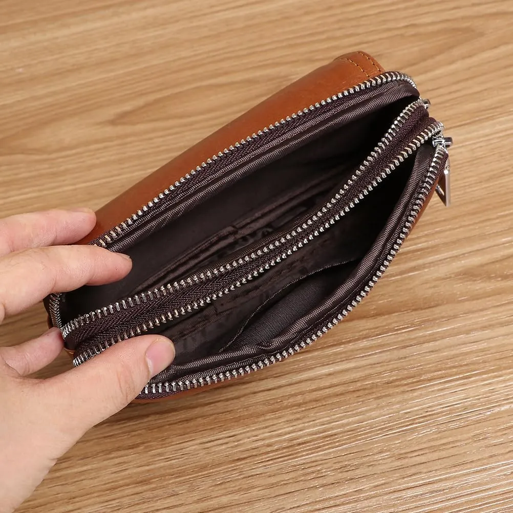 Leather Waist Belt Bag for Men Classic Side Fanny Pack Hip Bum Purse Smartphone Pouch for Travel Casual Formal Model 1-Horizontal Brown