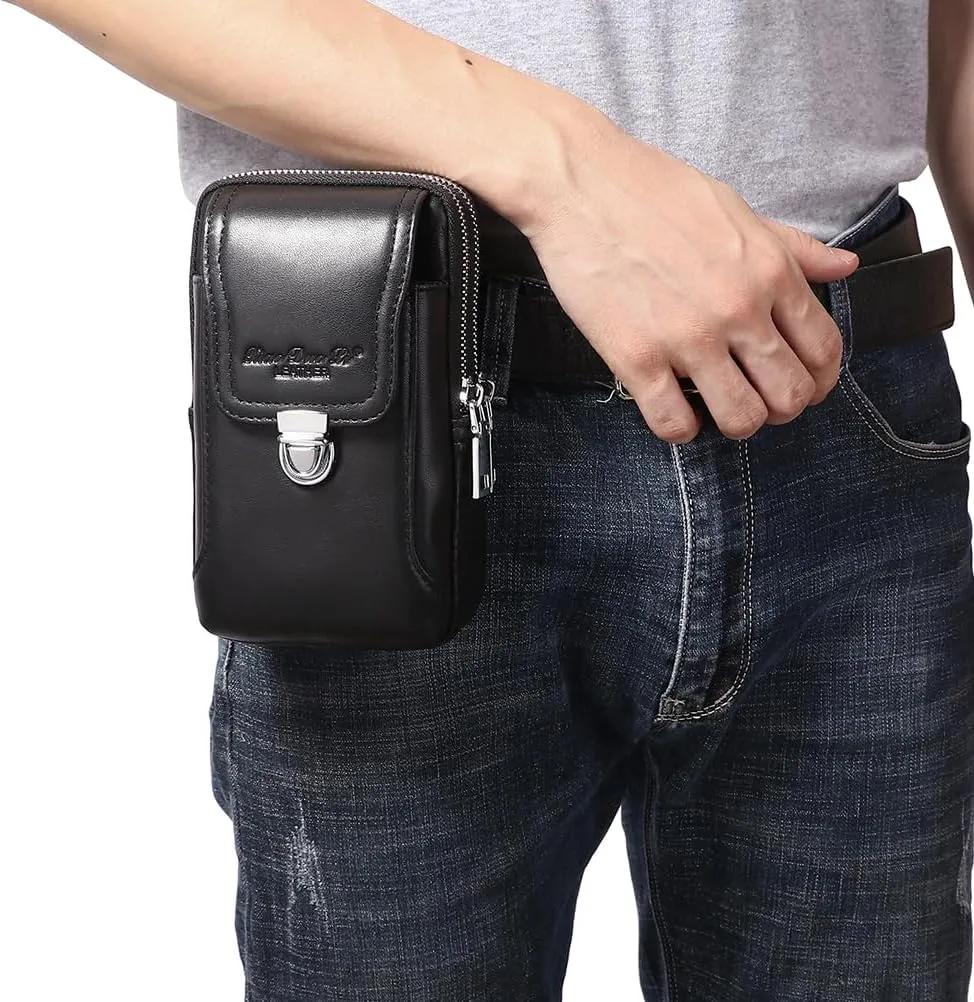 Leather Waist Belt Bag for Men Classic Side Fanny Pack Hip Bum Purse Smartphone Pouch for Travel Casual Formal Model 1-Vertical Black