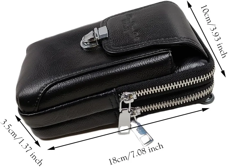 Leather Waist Belt Bag for Men Classic Side Fanny Pack Hip Bum Purse Smartphone Pouch for Travel Casual Formal Model 1-Vertical Black