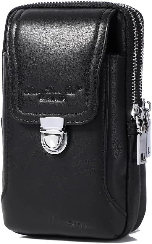 Leather Waist Belt Bag for Men Classic Side Fanny Pack Hip Bum Purse Smartphone Pouch for Travel Casual Formal Model 1-Vertical Black