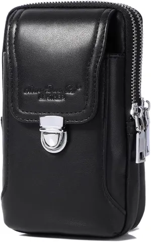Leather Waist Belt Bag for Men Classic Side Fanny Pack Hip Bum Purse Smartphone Pouch for Travel Casual Formal Model 1-Vertical Black