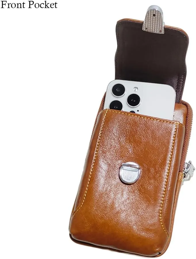 Leather Waist Belt Bag for Men Classic Side Fanny Pack Hip Bum Purse Smartphone Pouch for Travel Casual Formal Model 1-Vertical Brown