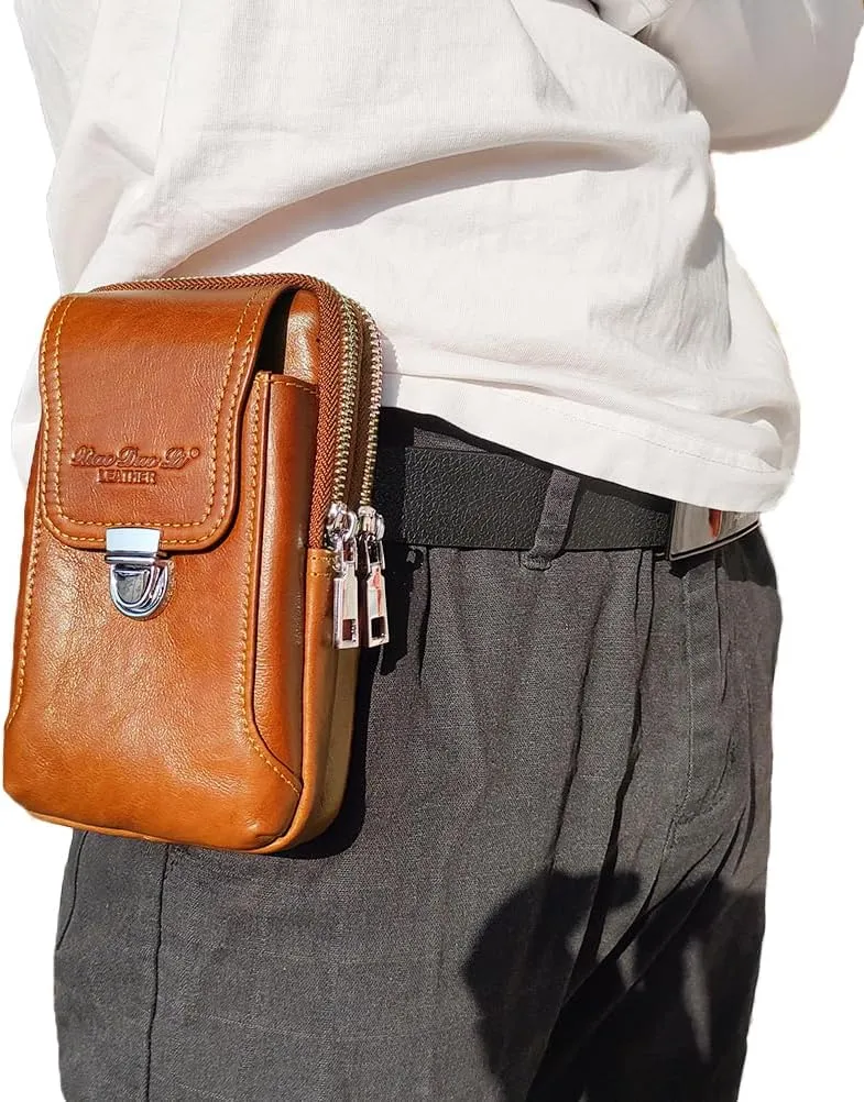 Leather Waist Belt Bag for Men Classic Side Fanny Pack Hip Bum Purse Smartphone Pouch for Travel Casual Formal Model 1-Vertical Brown