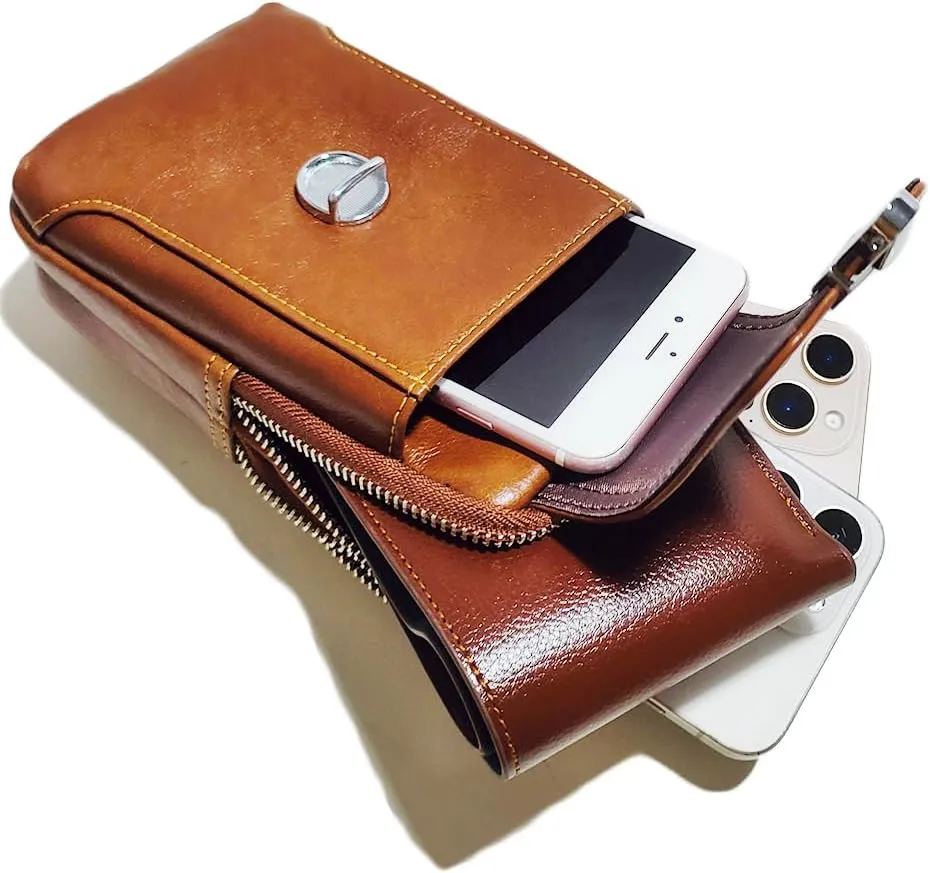 Leather Waist Belt Bag for Men Classic Side Fanny Pack Hip Bum Purse Smartphone Pouch for Travel Casual Formal Model 1-Vertical Brown
