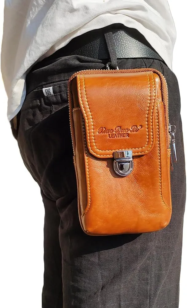 Leather Waist Belt Bag for Men Classic Side Fanny Pack Hip Bum Purse Smartphone Pouch for Travel Casual Formal Model 1-Vertical Brown