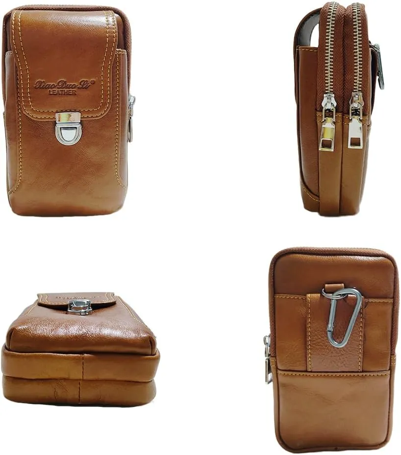 Leather Waist Belt Bag for Men Classic Side Fanny Pack Hip Bum Purse Smartphone Pouch for Travel Casual Formal Model 1-Vertical Brown