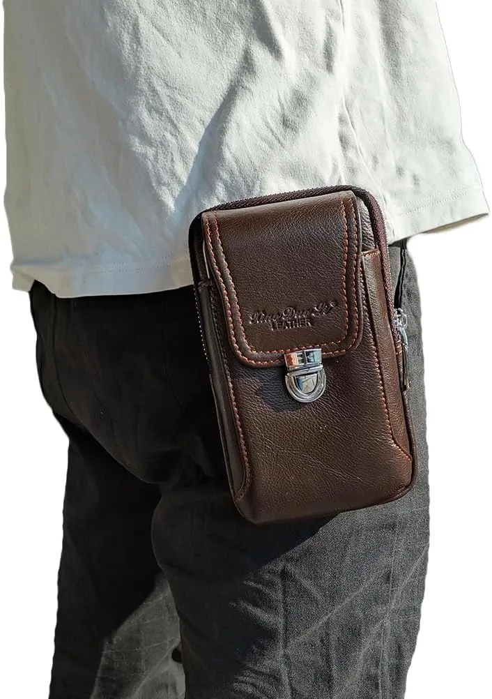 Leather Waist Belt Bag for Men Classic Side Fanny Pack Hip Bum Purse Smartphone Pouch for Travel Casual Formal Model 1-Vertical Coffee