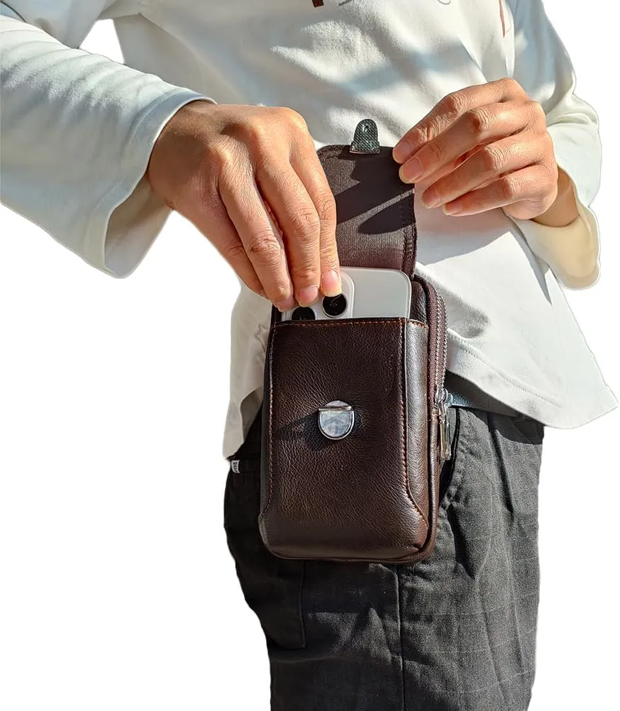 Leather Waist Belt Bag for Men Classic Side Fanny Pack Hip Bum Purse Smartphone Pouch for Travel Casual Formal Model 1-Vertical Coffee