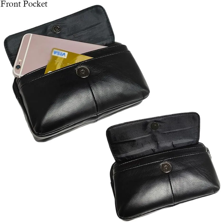 Leather Waist Belt Bag for Men Classic Side Fanny Pack Hip Bum Purse Smartphone Pouch for Travel Casual Formal Model 2-Horizontal Black