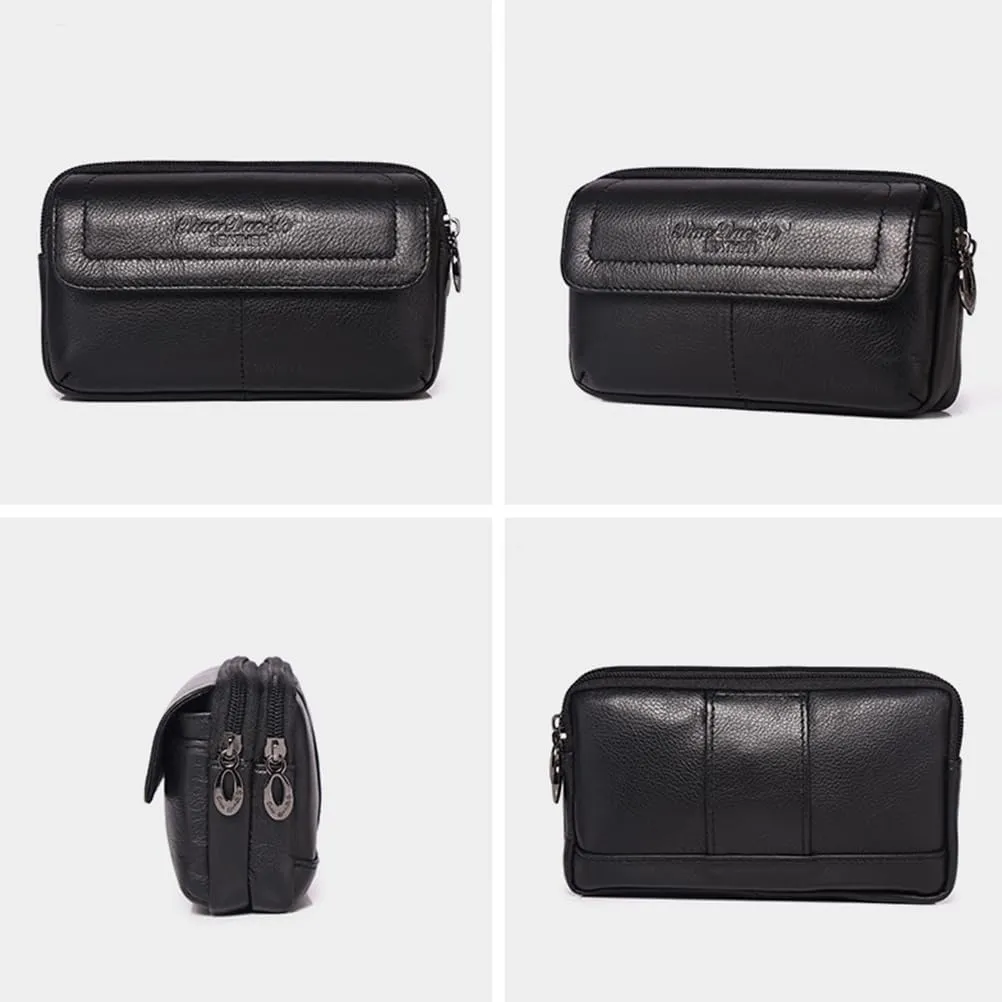 Leather Waist Belt Bag for Men Classic Side Fanny Pack Hip Bum Purse Smartphone Pouch for Travel Casual Formal Model 2-Horizontal Black
